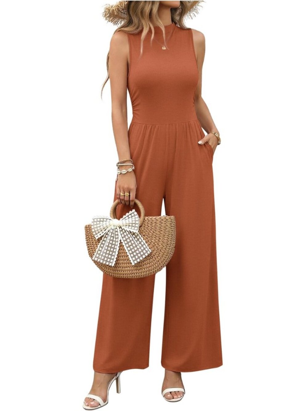 Summer Jumpsuits for Women Casual Mock Neck One Piece Outfits Sleeveless Formal